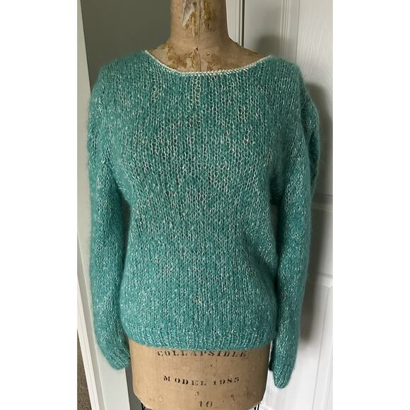 Vintage mohair Blend Sweater Woman Crew Blue Teal Turquoise White Wide Sleeves - Picture 16 of 16